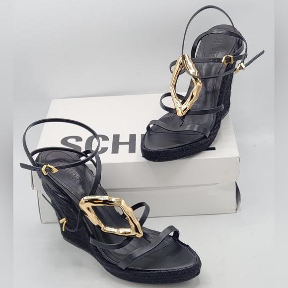 Schutz Amarilis Embellished Wedge Sandals In Black And Gold Size 11 B - Picture 9 of 16